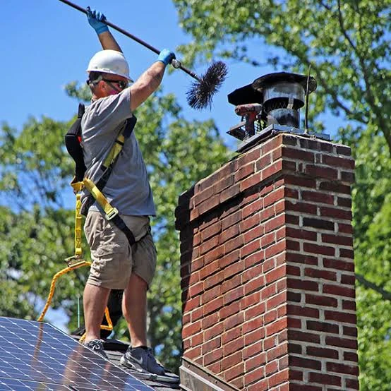 Technician with a chimney brush beside a red brick chimney and metal chimney cap