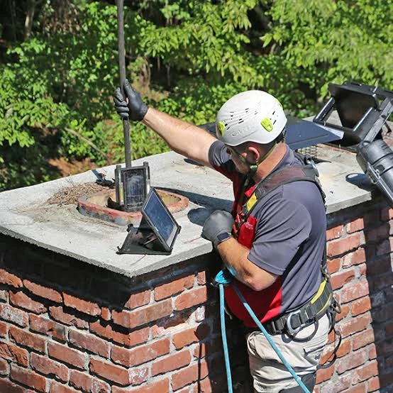 Technician inspecting a rooftop chimney flue with camera equipment